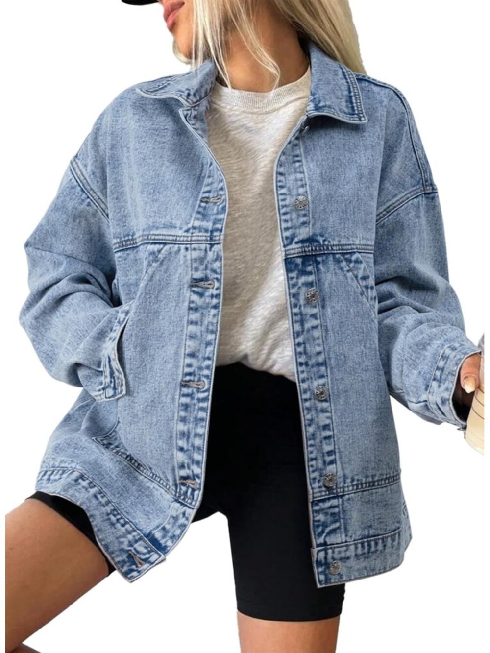 Women's Ashleigh Blue Long Sleeve Fall Winter Casual Pockets Jean Jacket Coat